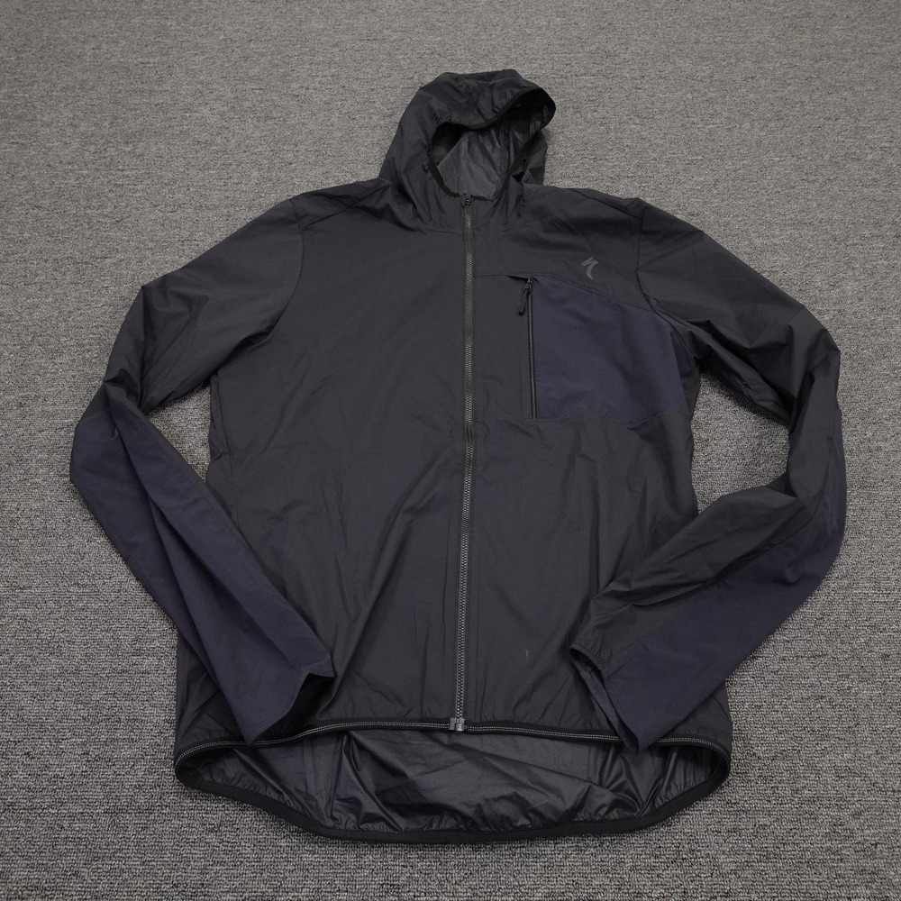 Specialized Jacket Mens XL Black Hooded Zip Lightweight Windbreaker Cycling